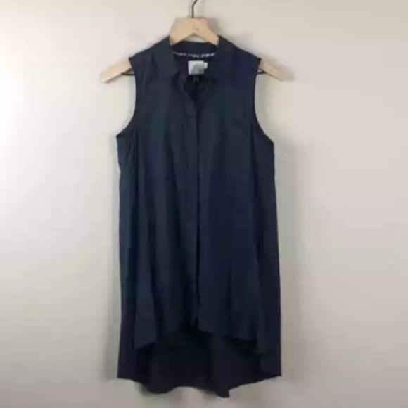 Anthropologie HD in Paris Navy Blue button down hi-low sleeveless tunic, size 8 - Picture 2 of 10